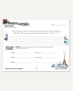 Vikings Homeschool Unit Study Digital Seatwork Journal Cursive Middle School Lesson 1 Copywork and Spelling