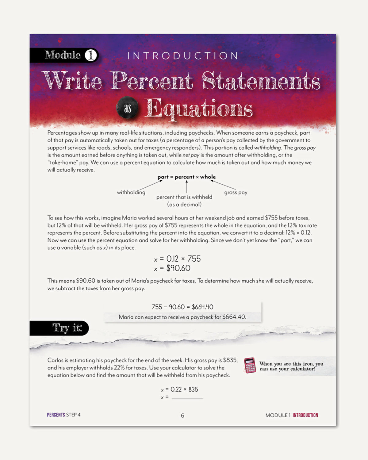 A printed educational worksheet titled 'Write Percent Statements as Equations' with a red and purple header, black text, a 'Module 1' label, a 'Try it' section, and torn paper graphics at the bottom.