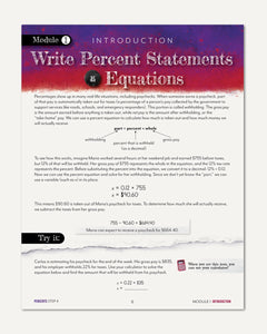 A printed educational worksheet titled 'Write Percent Statements as Equations' with a red and purple header, black text, a 'Module 1' label, a 'Try it' section, and torn paper graphics at the bottom.