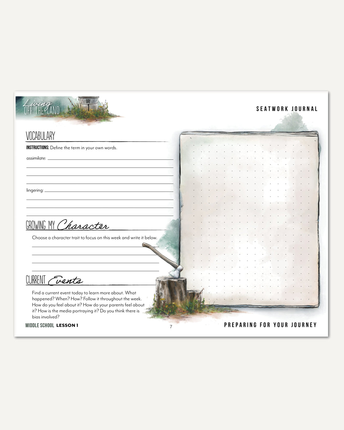 Living Off the Land homeschool unit seatwork journal digital Middle School student notebook in manuscript lesson one
