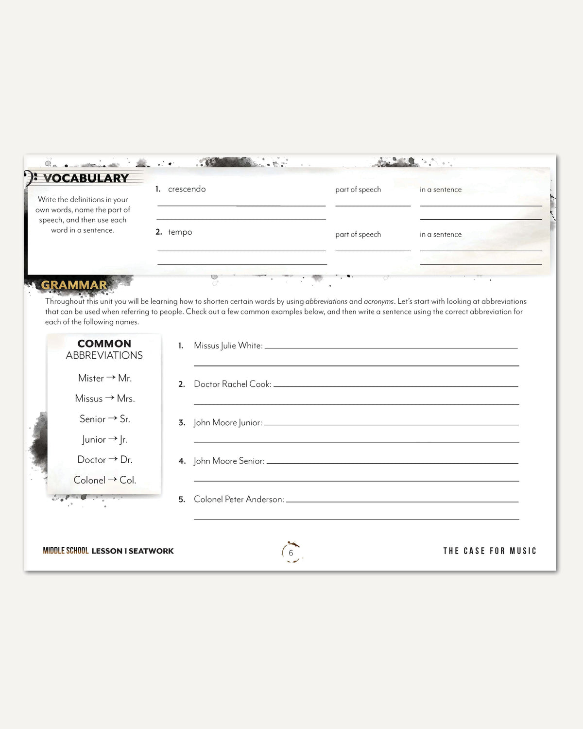Music homeschool unit study digital student seatwork journal in manuscript for middle school lesson one