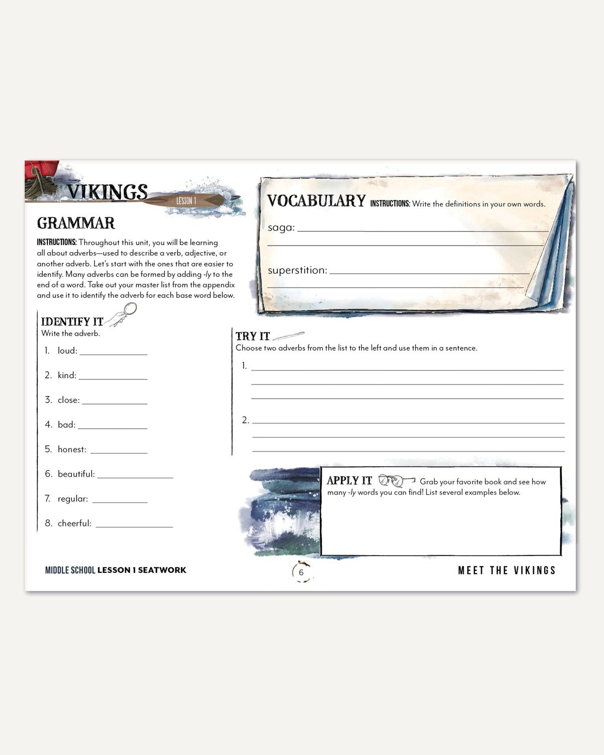 Vikings Homeschool Unit Study Digital Seatwork Journal Manuscript Middle School Lesson 2 Grammar and Vocabulary