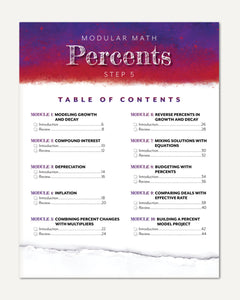 Table of contents page for a modular math curriculum titled 'Percents Step 5,' with a purple-to-white gradient header and black text listing modules on a white background with a torn-paper effect at the bottom.