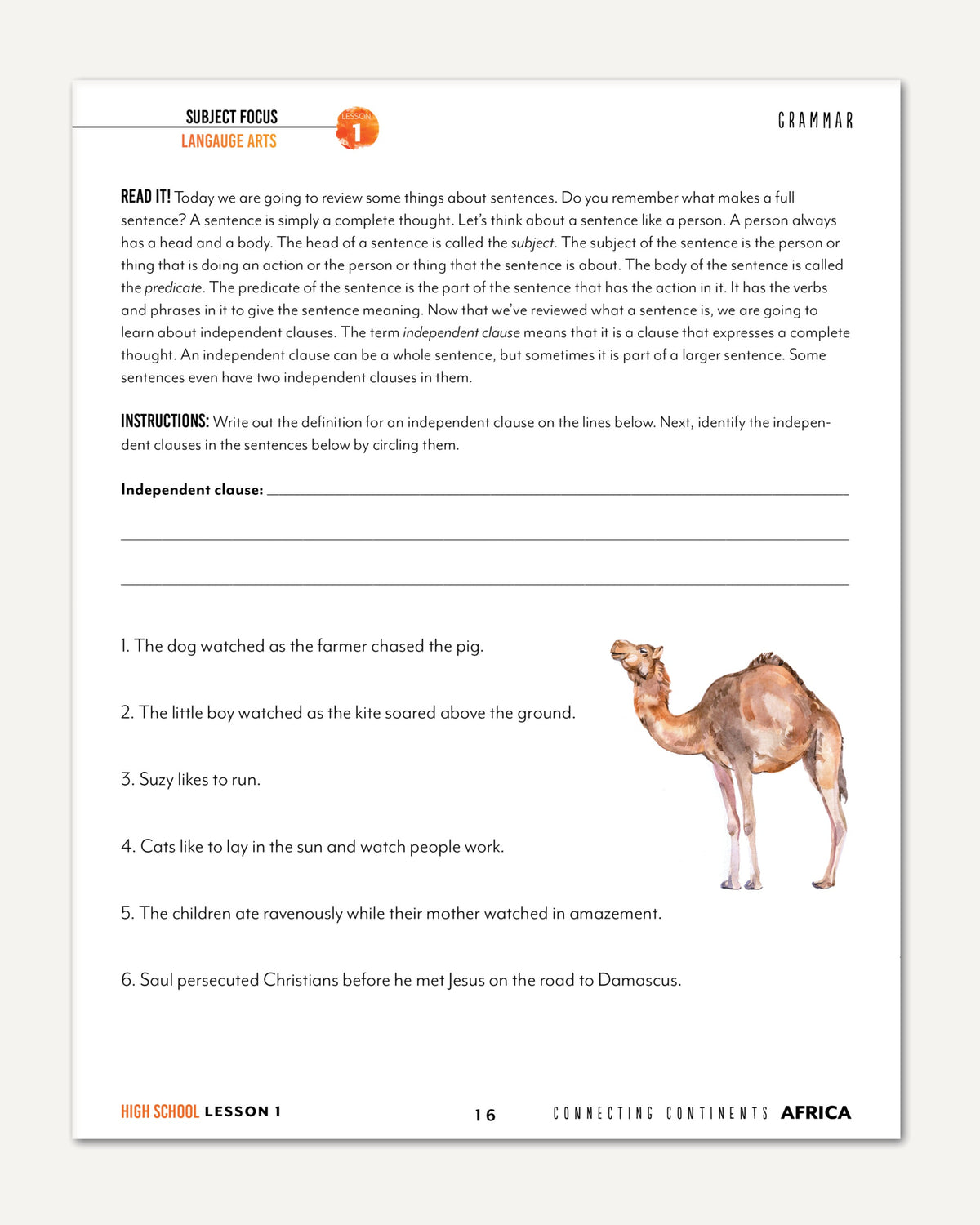 Africa homeschool unit study Printed High School Student Book Lesson 1 Page