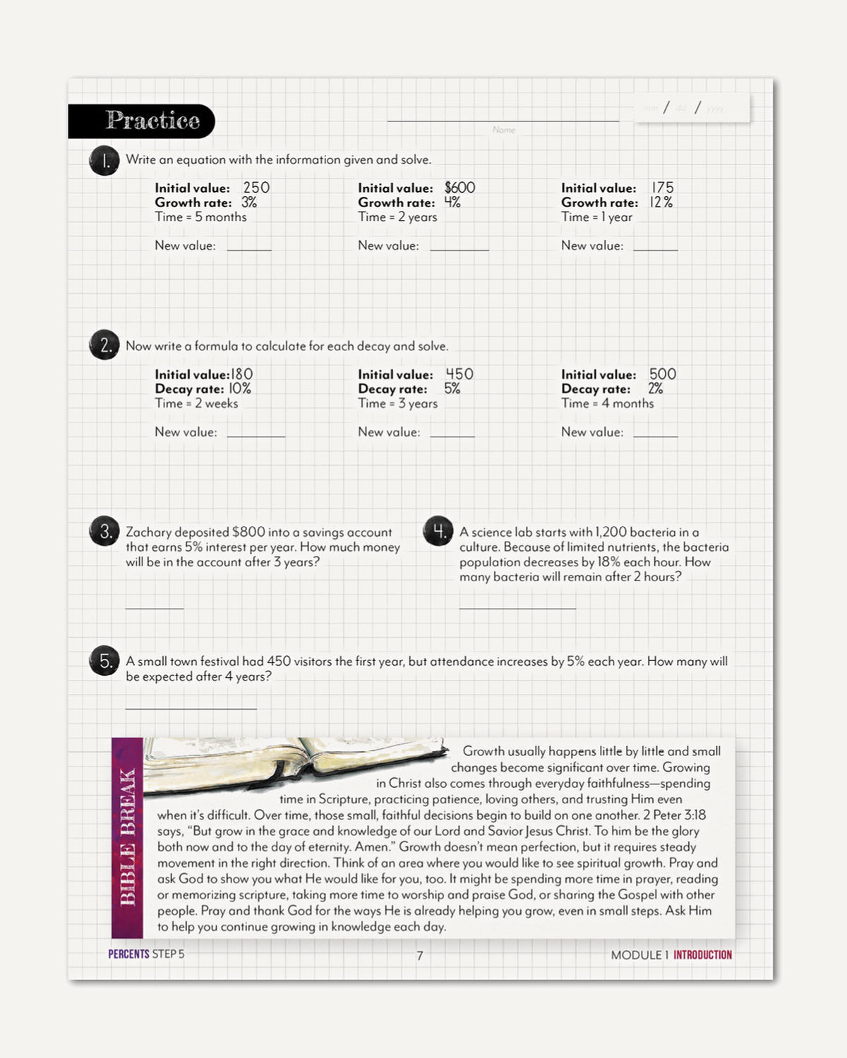 A printed worksheet page titled 'Practice' with a grid background, showing exponential growth and decay problems, plus a Bibel Break section.