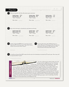 A printed worksheet page titled 'Practice' with a grid background, showing exponential growth and decay problems, plus a Bibel Break section.