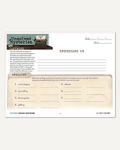 Unsolved Mysteries Homeschool Unit Study Printed Seatwork Journal Cursive High School Lesson 1 Copywork and Spelling