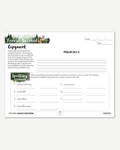 North American Forest Animals homeschool unit study digital student seatwork journal in cursive for high school lesson one