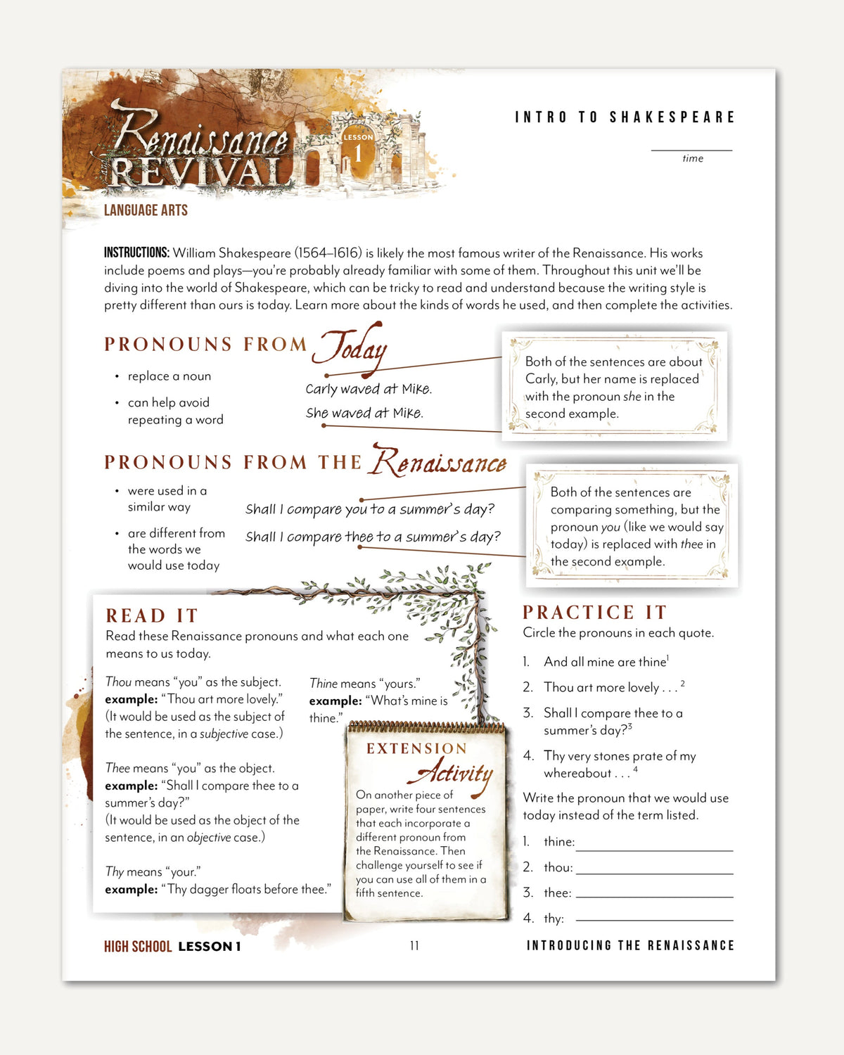 Renaissance and Revival Homeschool Unit Study Printed Digital High School Student Book Lesson 1 Intro to Shakespeare