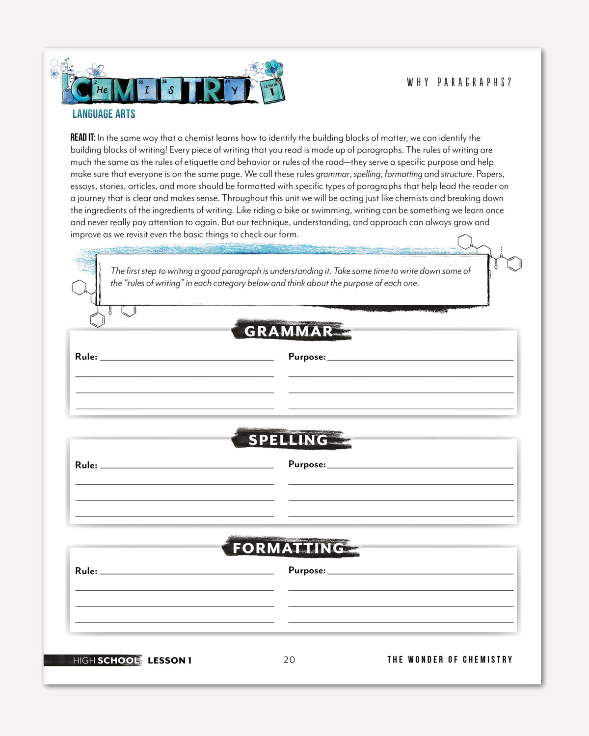 Chemistry Homeschool Unit Study Printed High School Student Book Lesson 1 Why Paragraphs? Page