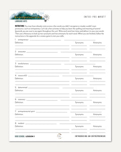 Entrepreneurship Homeschool Unit Study Digital High School Student Book Lesson 1 Entre-pre-what?