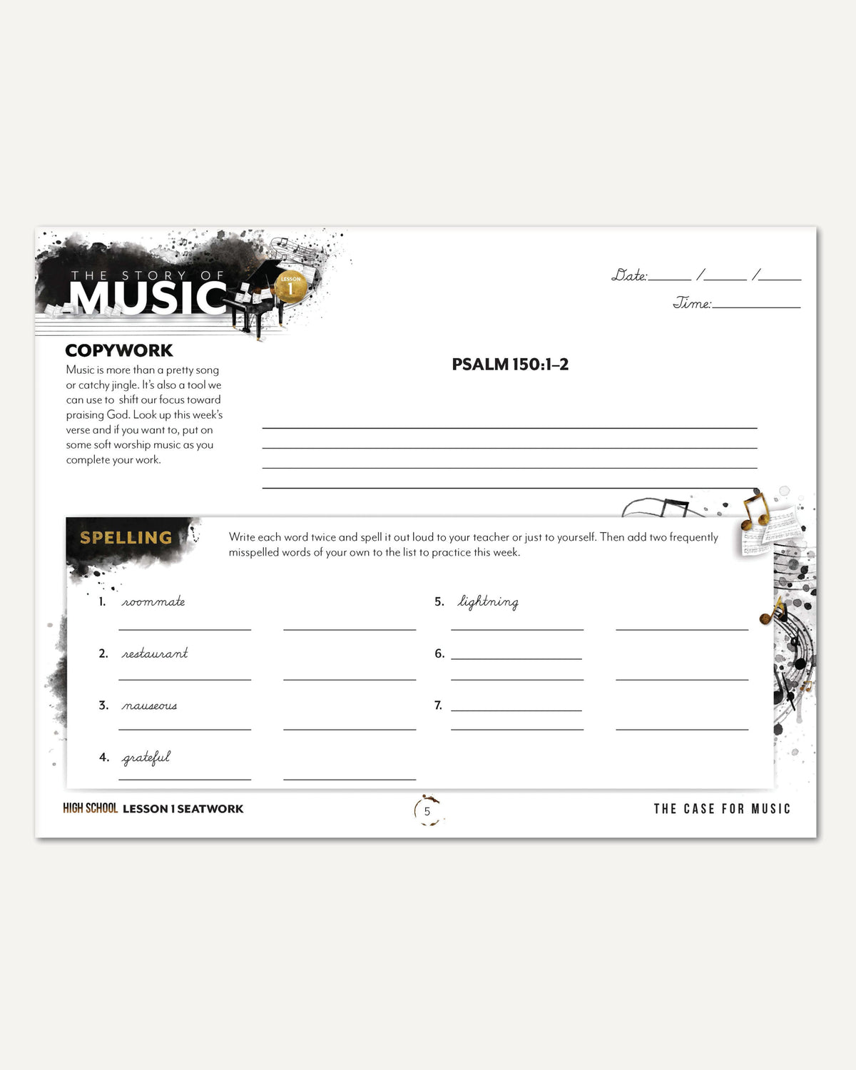 Music homeschool unit study digital student seatwork journal in cursive for high school lesson one