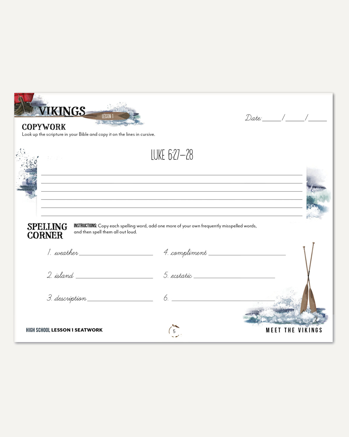 Vikings Homeschool Unit Study Digital Seatwork Journal Cursive High School Lesson 1 Copywork and Spelling