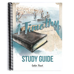 Study guide with illustration of Bible and people, titled '1 Timothy.'
