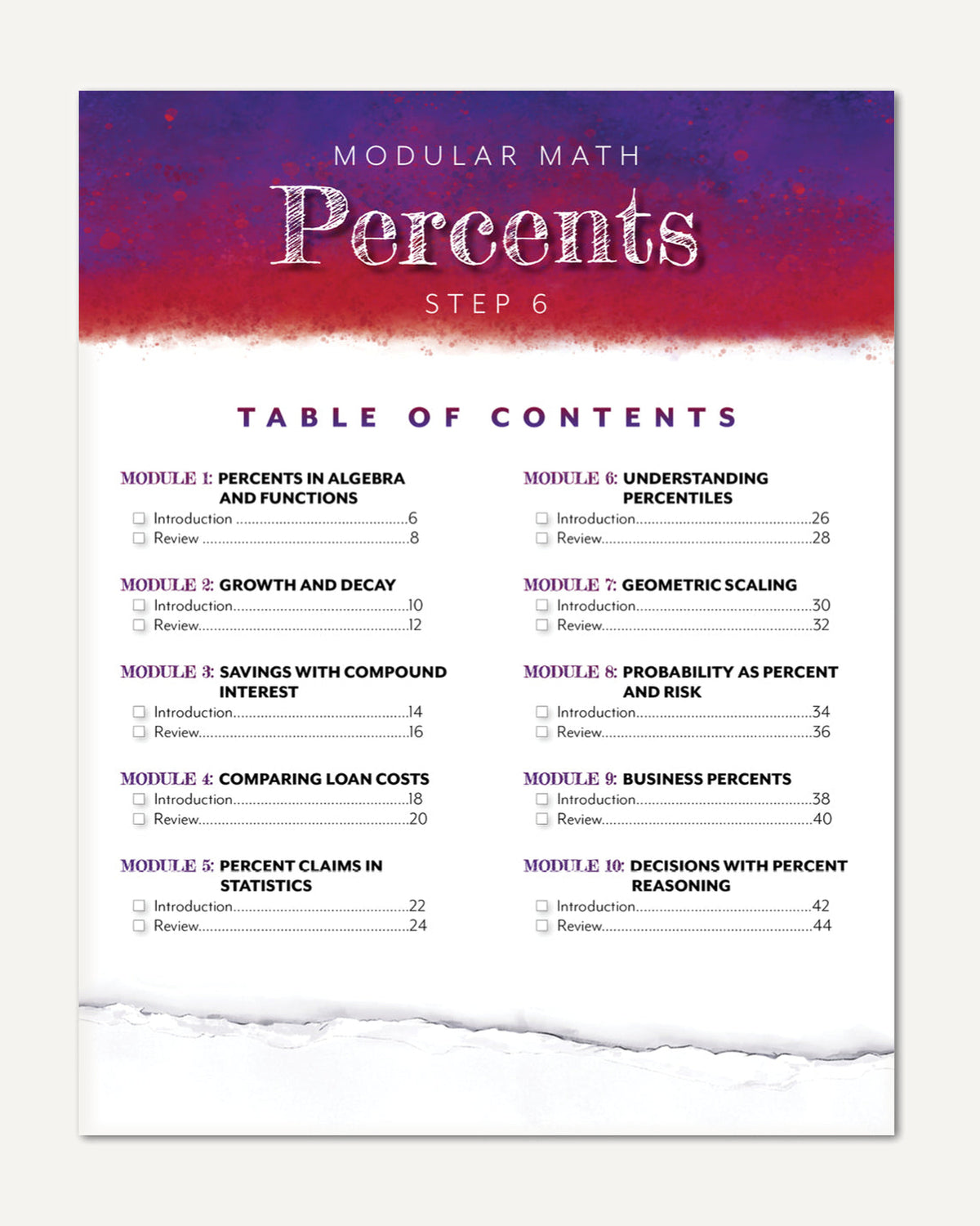 Table of contents page for a modular math curriculum titled 'Percents Step 6,' with a purple-to-white gradient header and black text listing modules on a white background with a torn-paper effect at the bottom.