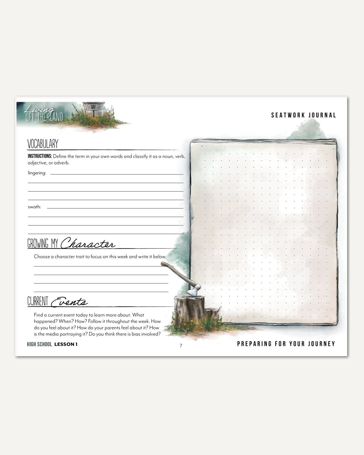 Living Off the Land homeschool unit seatwork journal digital High School student notebook in manuscript lesson one