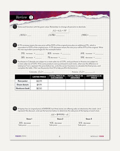 A math review worksheet page with function problems. The page has a white background with black text and grid lines.