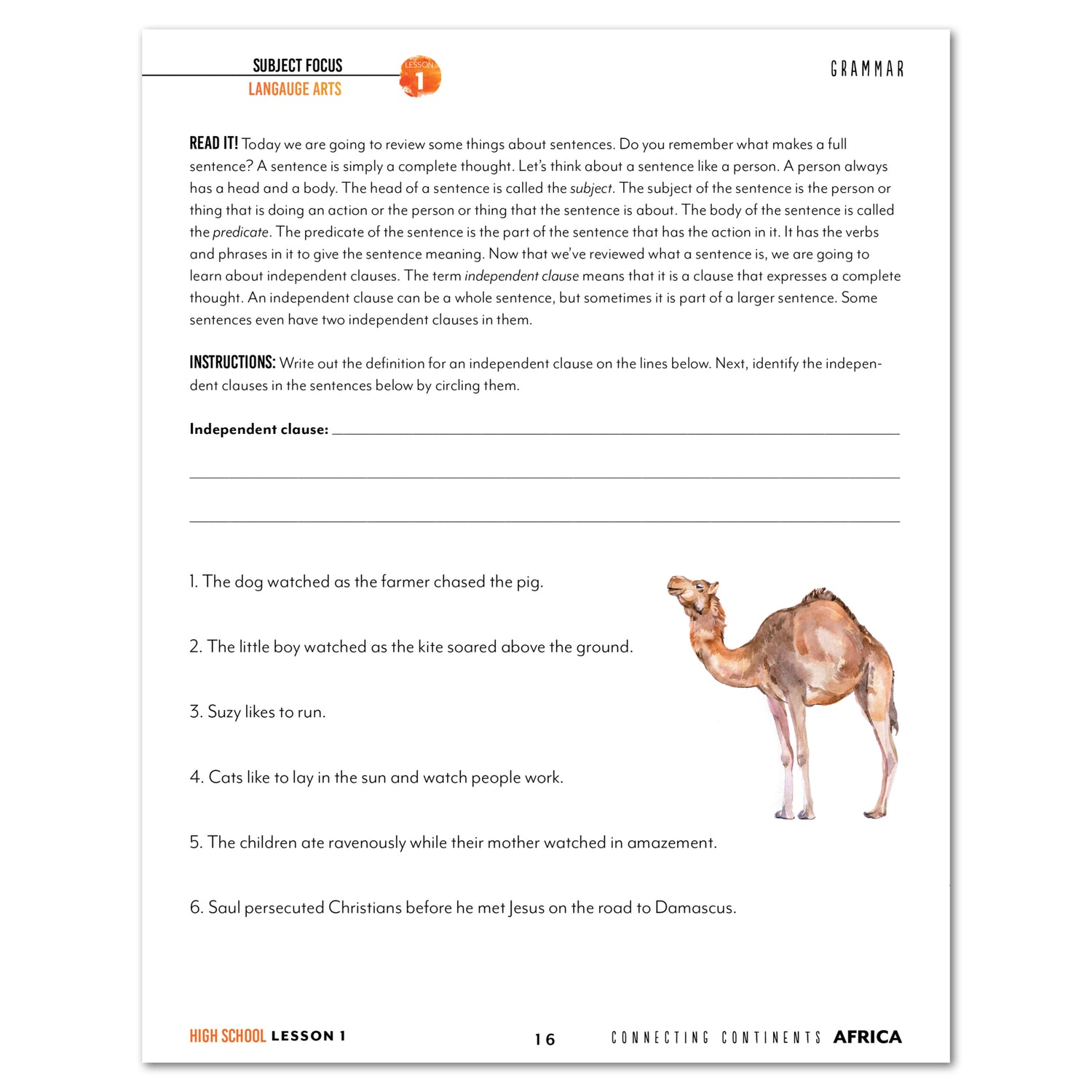 Africa homeschool unit study Printed High School Student Book Lesson 1 Page