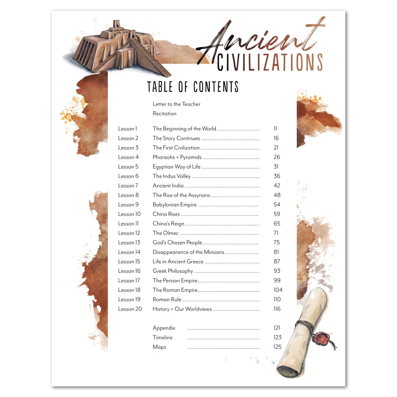 Ancient Civilizations homeschool unit study printed teacher guide table of contents