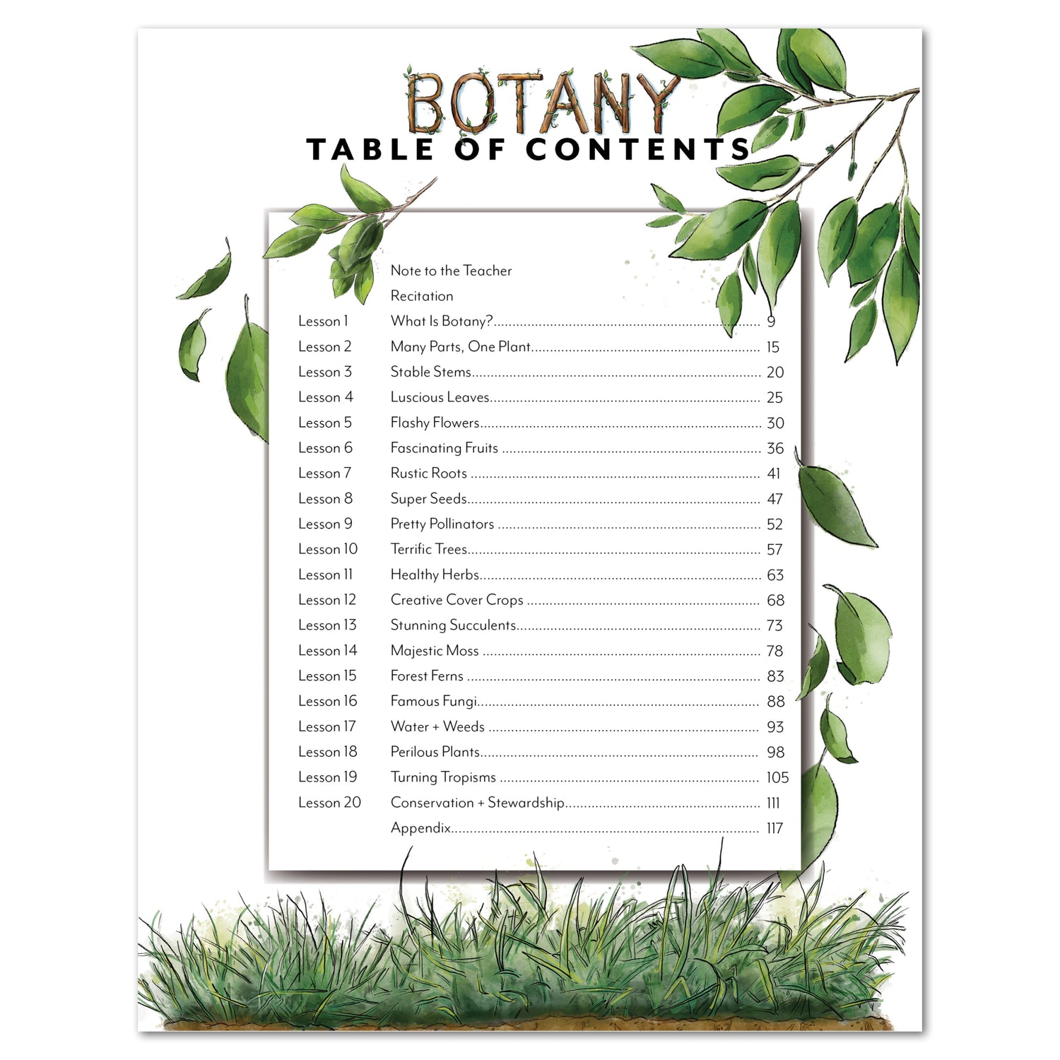 Botany Homeschool Unit Study Printed Teacher's Guide Cover Table of Contents