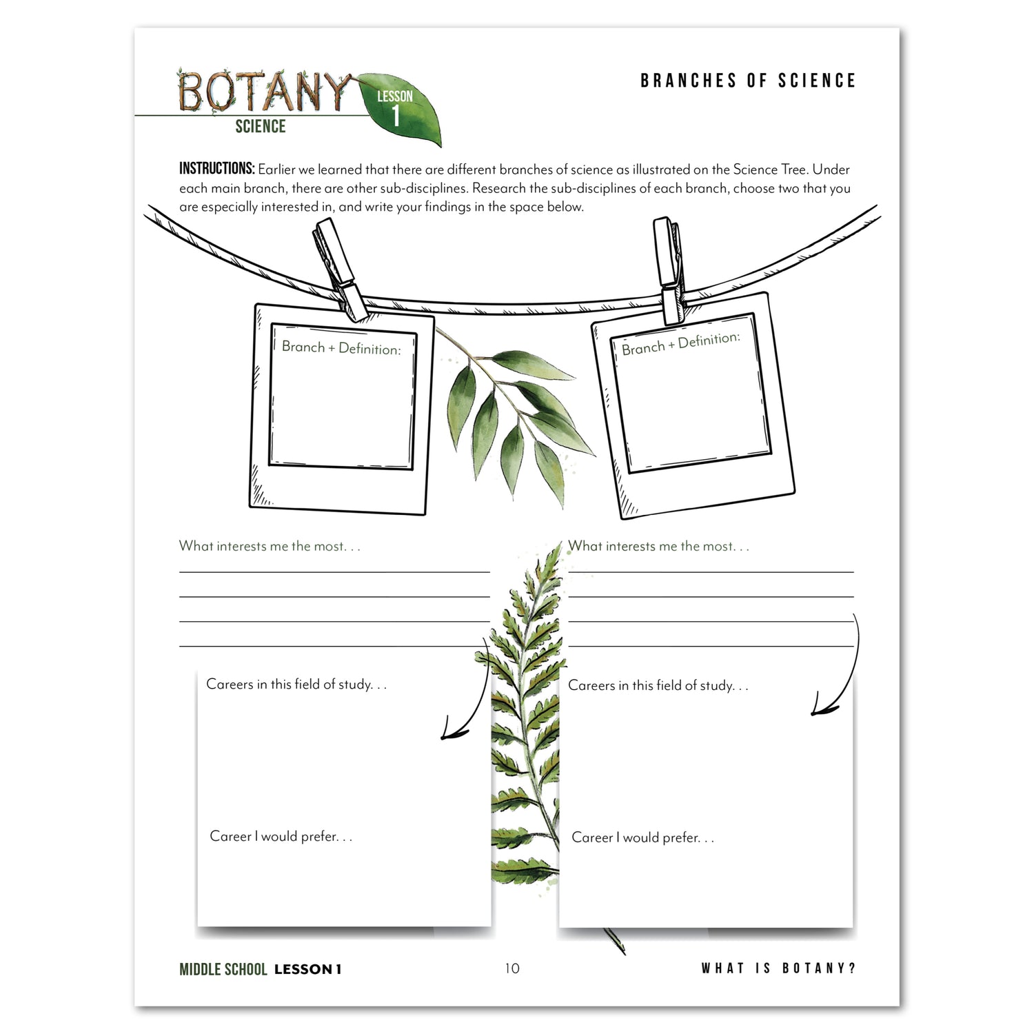 Botany Homeschool Unit Study Printed Middle School Student Book Daily Lesson 1 Branches of Science