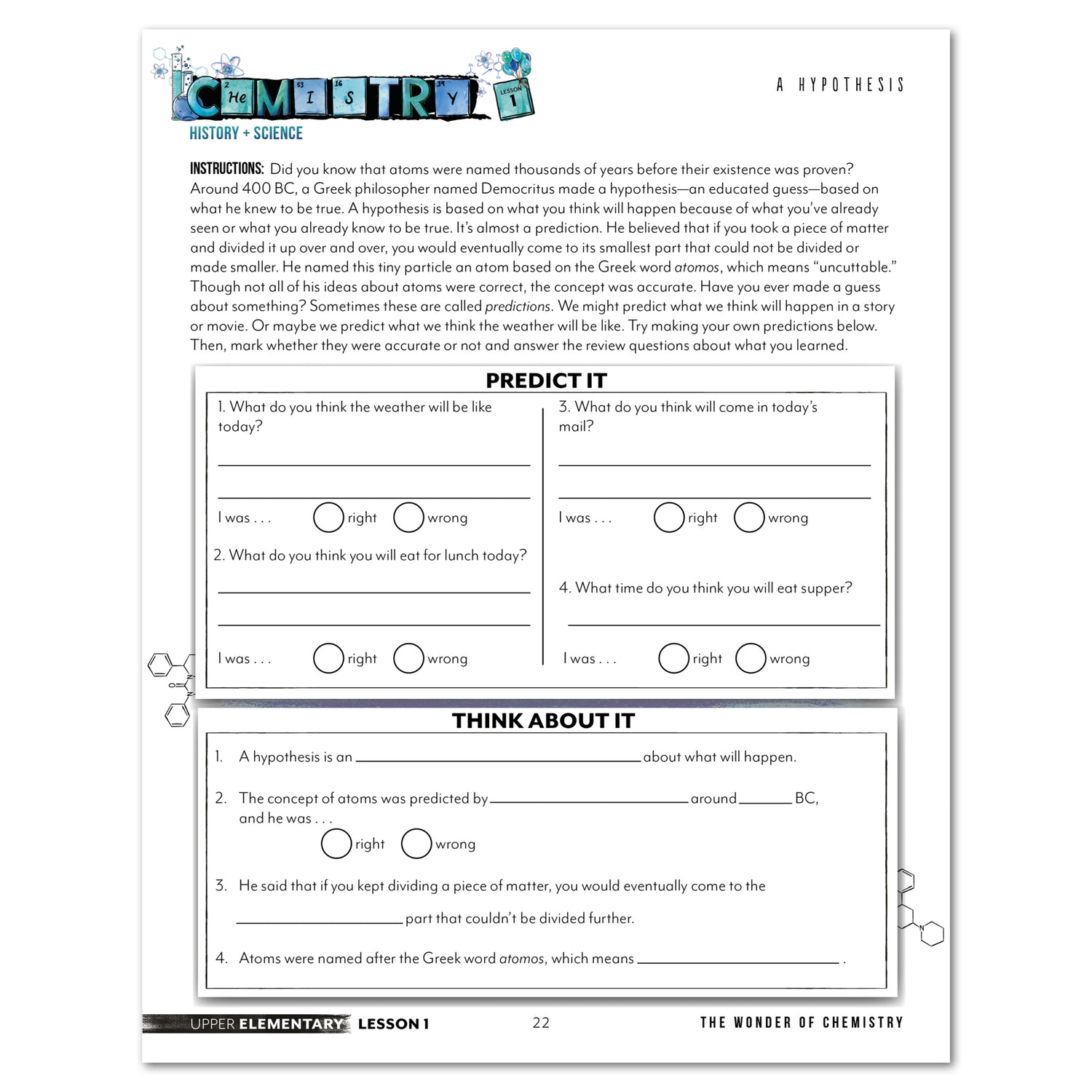 Chemistry Homeschool Unit Study Printed Upper Elementary Student Book Lesson 1 A Hypothesis Page