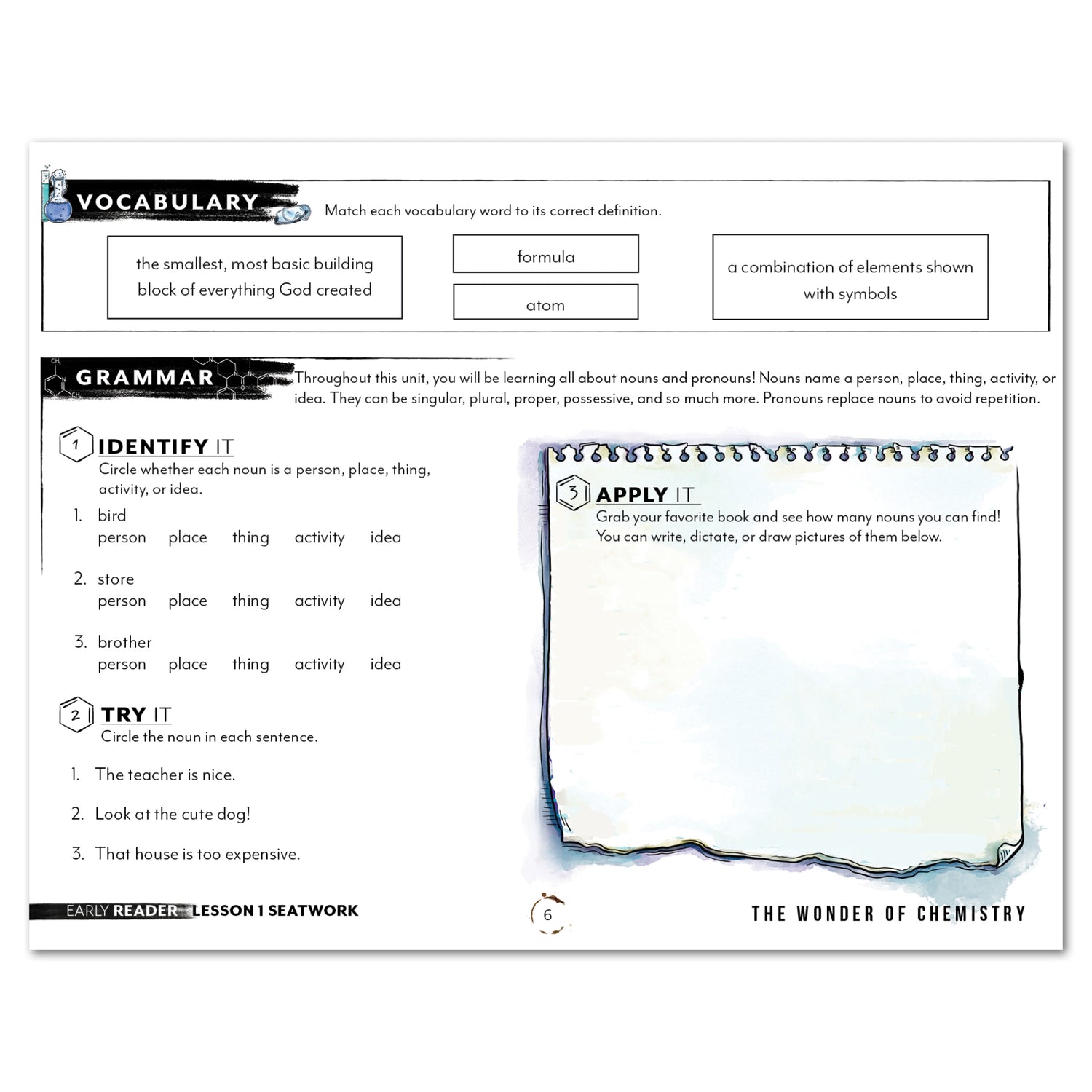 Chemistry Homeschool Unit Study Printed Seatwork Journal Manuscript Early Reader Vocabulary and Grammar Lesson 1