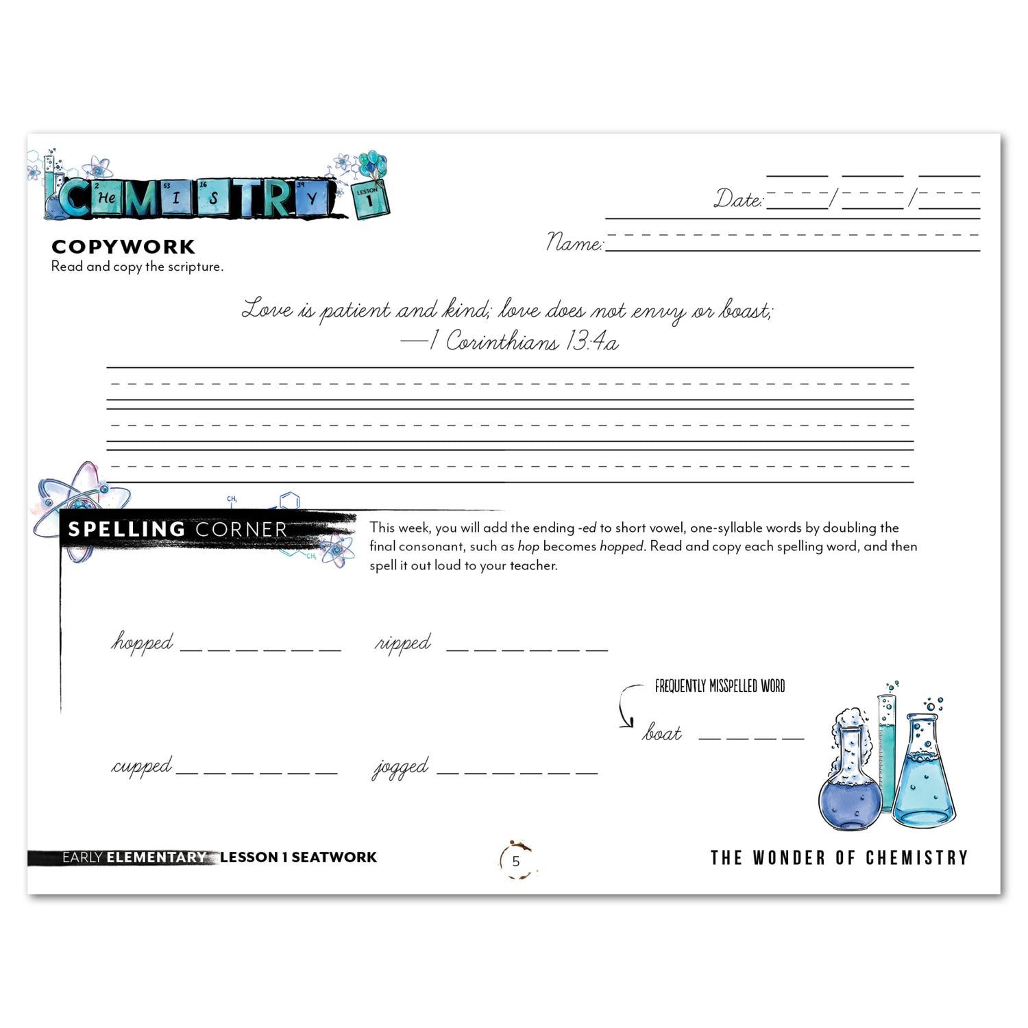 Chemistry Homeschool Unit Study Printed Seatwork Journal Cursive Early Elementary Copywork