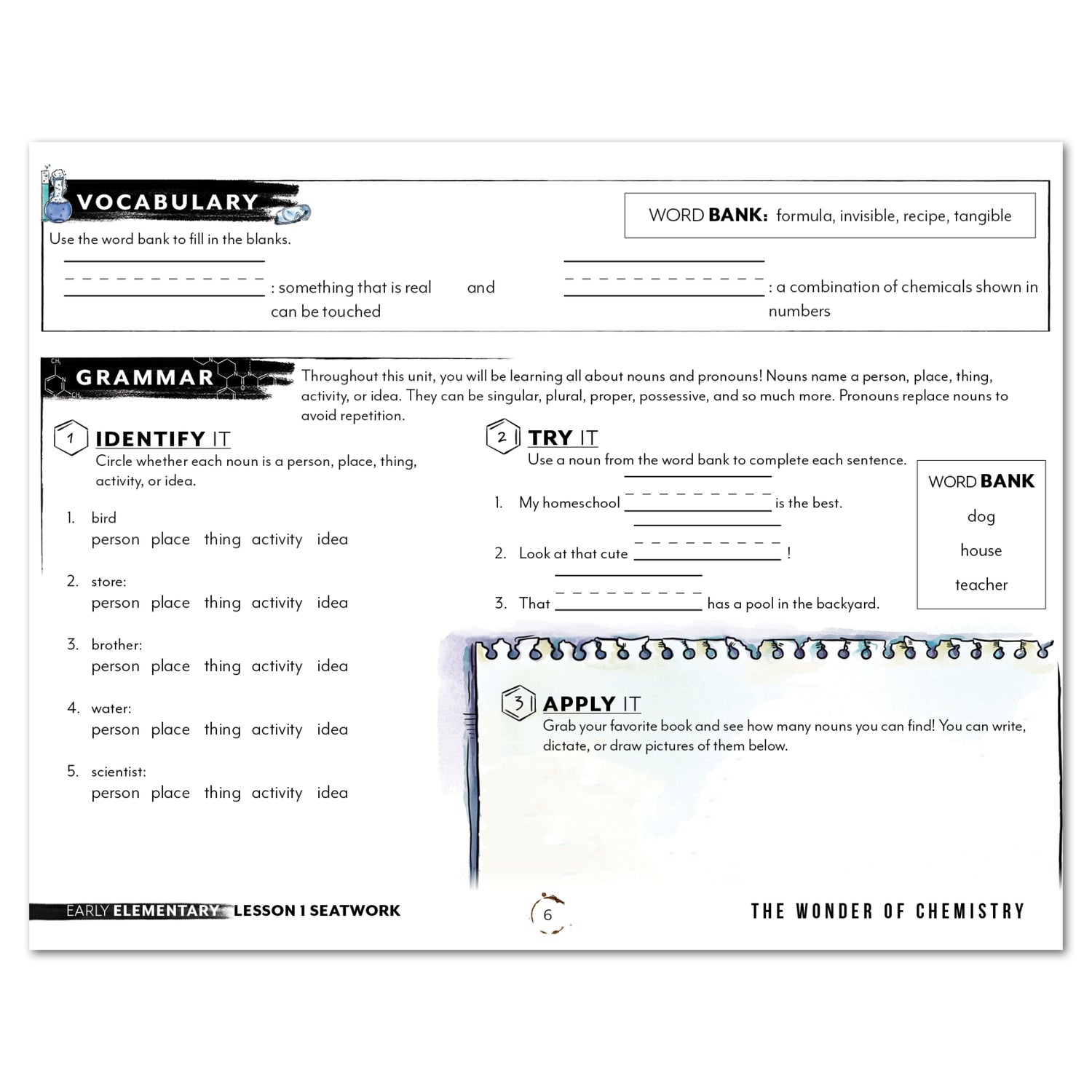 Chemistry Homeschool Unit Study Printed Seatwork Journal Manuscript Early Elementary Vocabulary and Grammar