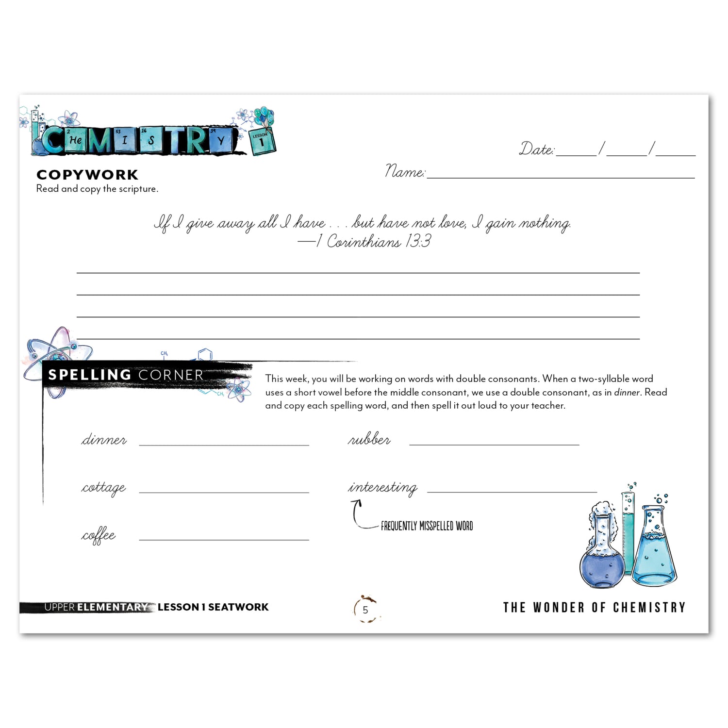 Chemistry Homeschool Unit Study Printed Seatwork Journal Cursive Upper Elementary Copywork and Spelling Corner