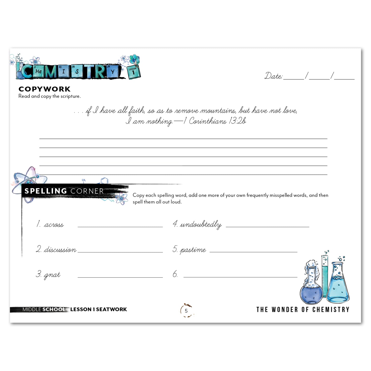 Chemistry Homeschool Unit Study Printed Seatwork Journal Cursive Middle School Copywork and Spelling Corner