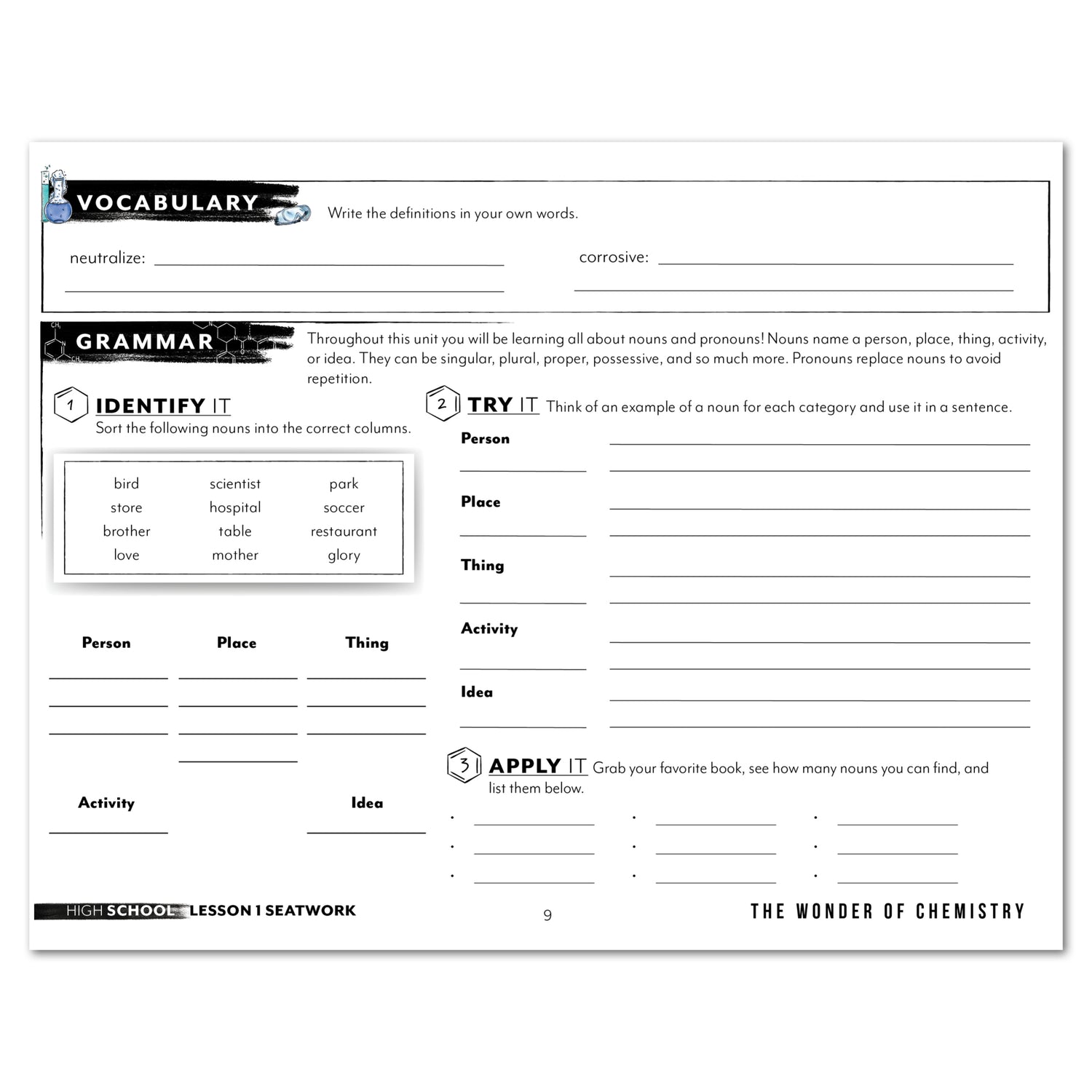 Chemistry Homeschool Unit Study Printed Seatwork Journal Manuscript High School Vocabulary and Grammar