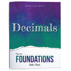 Book cover of 'Modular Math Decimals Foundations' with a colorful gradient background.
