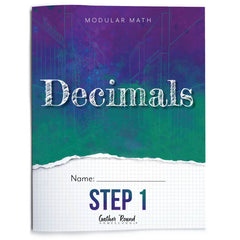 Math workbook cover titled 'Decimals' with a colorful gradient background and 'Modular Math' branding.