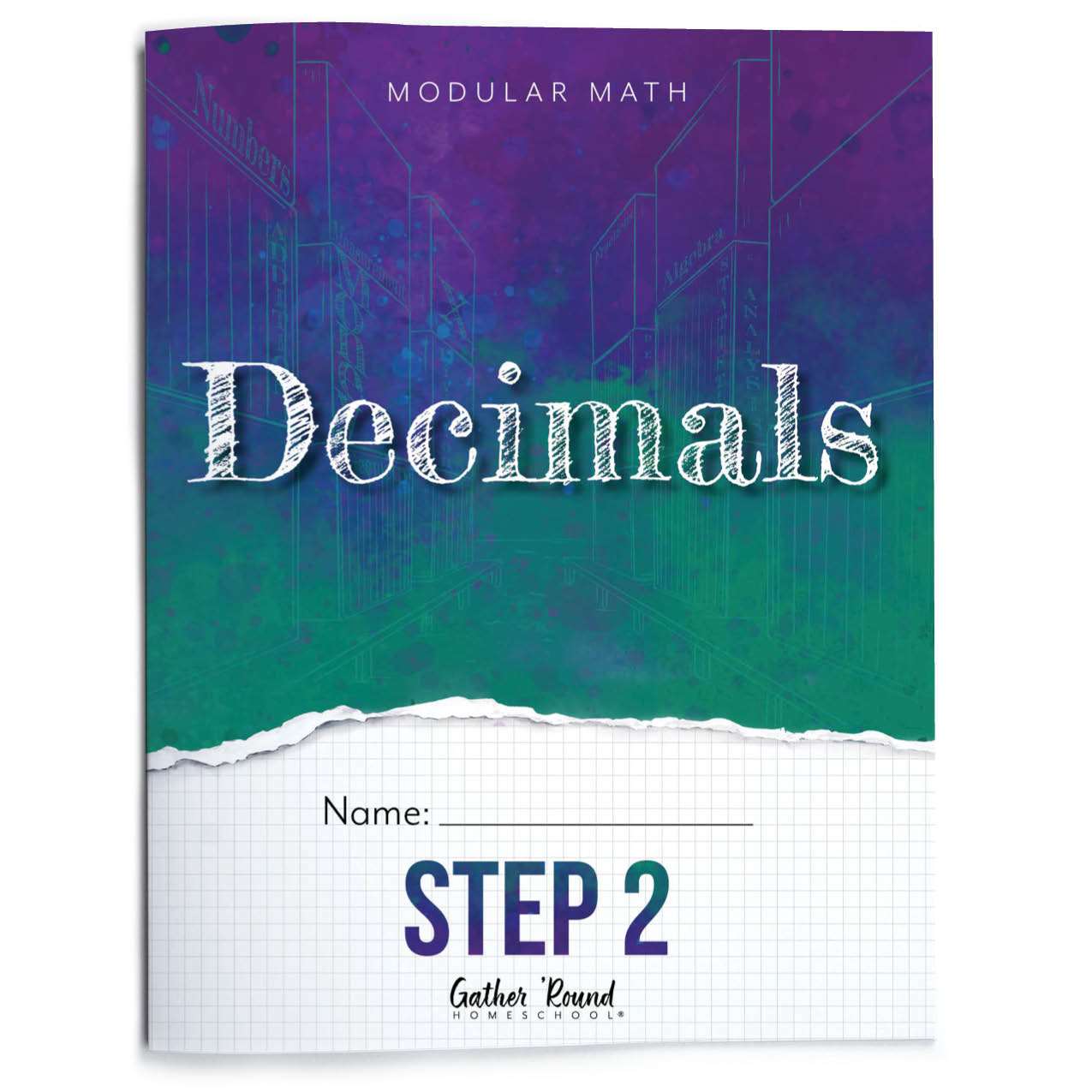Math workbook cover titled 'Decimals' for Step 2 of a modular math series on a white background.