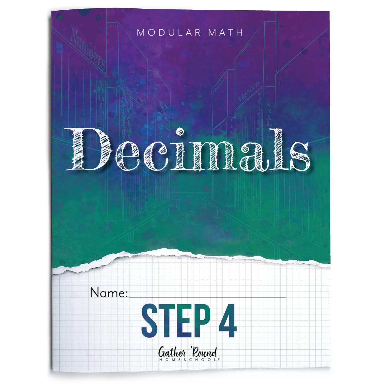 Book cover of 'Modular Math Decimals Step 4' with a colorful gradient background