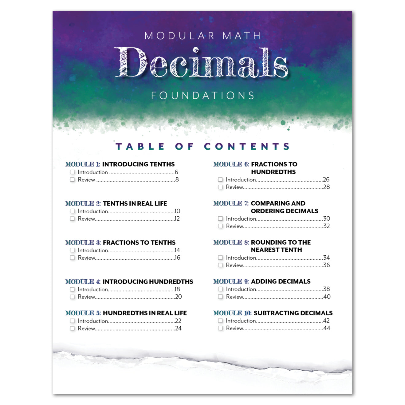 A page listing contents for a math resource titled 