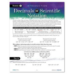 An educational worksheet titled 'Decimals and Scientific Notation' showing introduction with text explanations, conversion examples, and a 'Try it' section at the bottom.