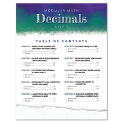 A table of contents page for a modular math decimals curriculum, titled 'Decimals Step 5,' with a teal-to-white watercolor header and black text listing modules 1 through 10.