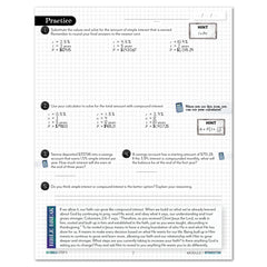 A worksheet page titled Practice with sections on simple interest and compound interest, including formulas, and example problems.