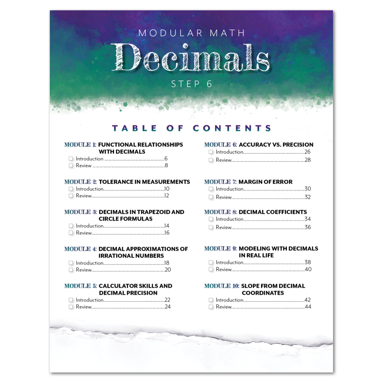 A table of contents page for a modular math decimals book, titled 'Decimals Step 6,' with a teal-to-white watercolor-style header and black text listing modules and page numbers.