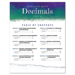 A table of contents page for a modular math decimals book, titled 'Decimals Step 6,' with a teal-to-white watercolor-style header and black text listing modules and page numbers.