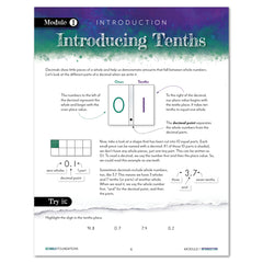An educational worksheet page titled 'Introducing Tenths' from Decimals Foundations, showing diagrams, examples, and a 'Try it' section on a white background with a subtle drop shadow.