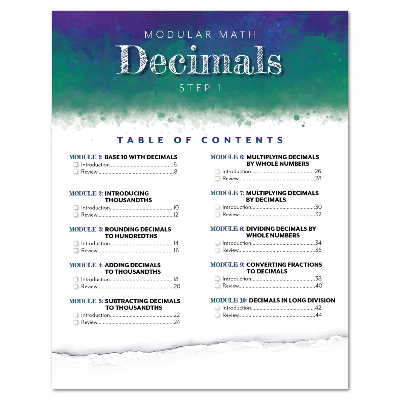 A math workbook page titled 'MODULAR MATH Decimals STEP 1' with a colorful watercolor gradient header and a detailed table of contents on a white page.