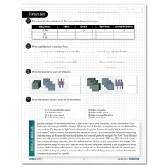 An educational worksheet page titled 'Practice' with a grid layout, decimal conversion exercises, place-value blocks, and a devotional.