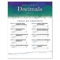 A modular math decimals Step 2 table of contents showing module titles and page numbers, designed with a teal-to-purple watercolor header and a torn paper effect at the bottom.