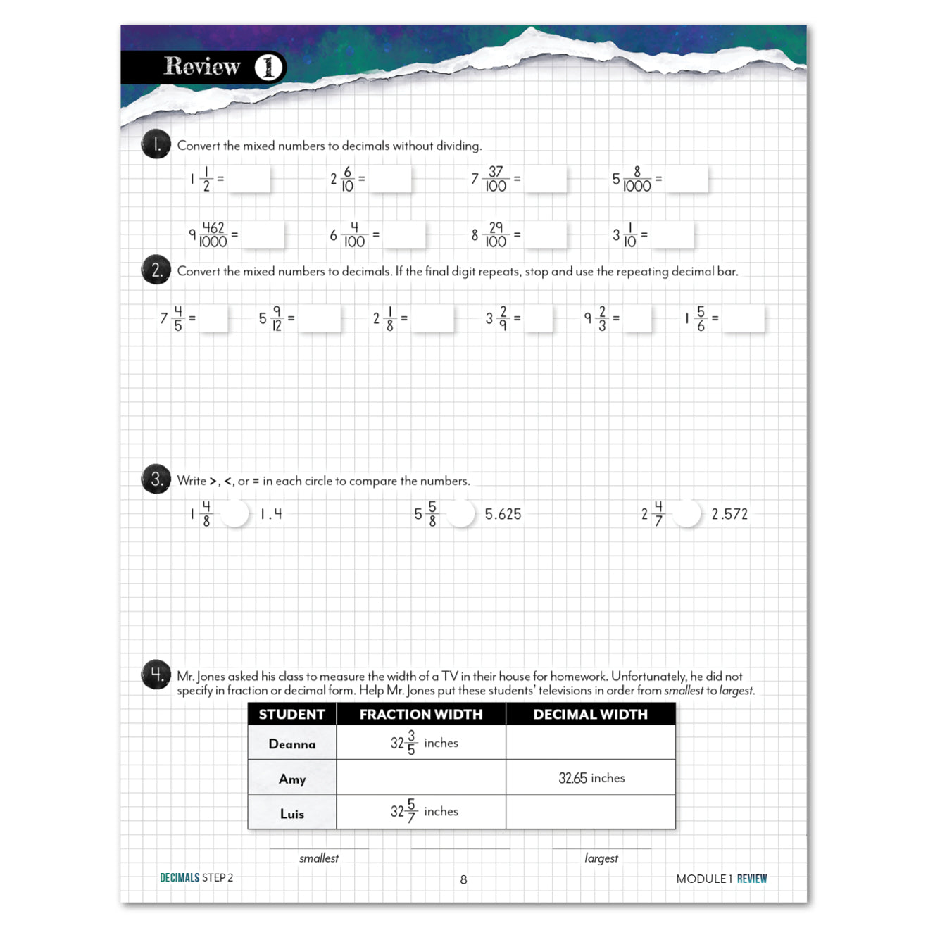 A math worksheet page titled 'Review' with fraction-to-decimal conversion exercises and a number comparison section.