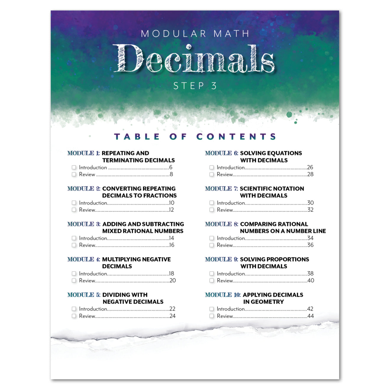 A page titled 'MODULAR MATH Decimals STEP 3' showing a table of contents with numbered sections on a white page with a torn-paper effect at the bottom.