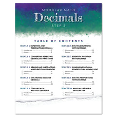 A page titled 'MODULAR MATH Decimals STEP 3' showing a table of contents with numbered sections on a white page with a torn-paper effect at the bottom.