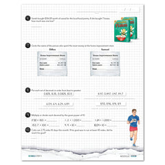 A worksheet page with math problems, including a small, printed image of a cereal box near the top right. The page has a white grid background, blue header and footer bands, and a small illustration of a running person at the bottom right.